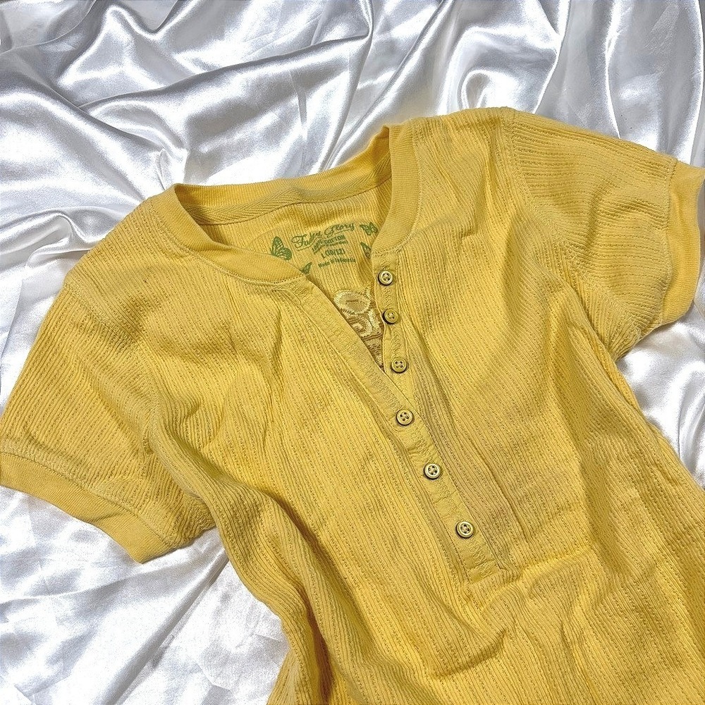 y2k Faded Glory Henley Top Yellow Ribbed Knit Cotton Short Sleeve L - Picture 2 of 3